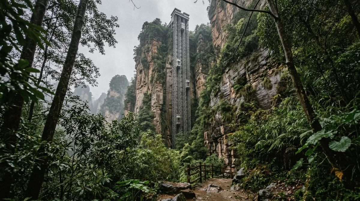 The Bailong Elevator glass lift shaft bolted to a sandstone cliff, the paid ride to Yuanjiajie on Zhangjiajie National Forest Park tours in Hunan, China