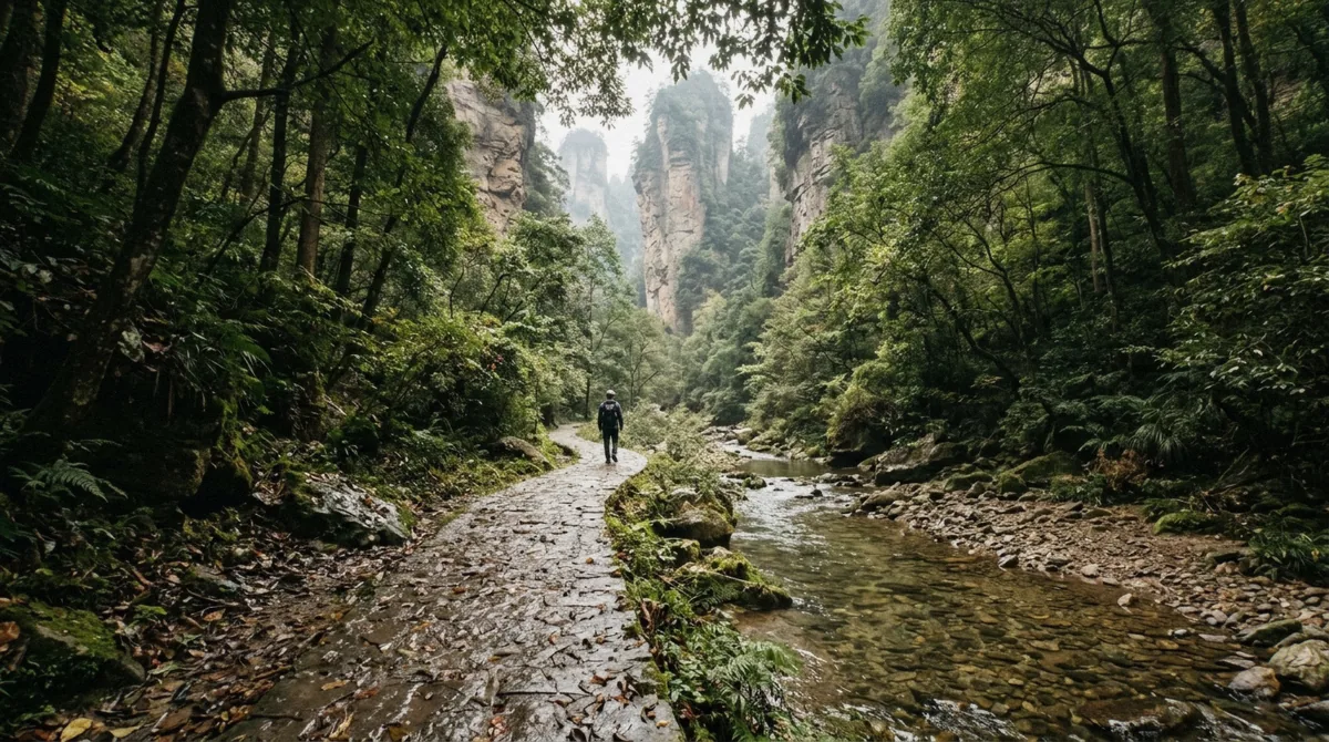 Clear stream and paved path under tall stone pillars along Golden Whip Stream, the valley walk included in most Zhangjiajie National Forest Park tours, Hunan China
