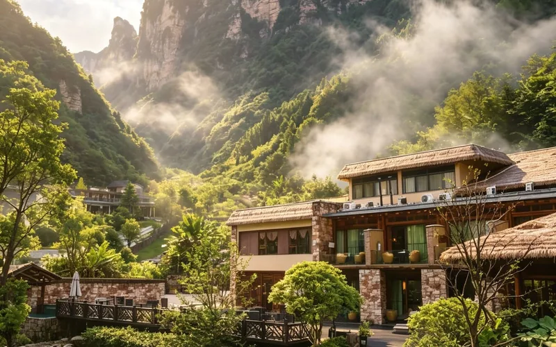 Mountain-view hotel room in Wulingyuan, a base for Zhangjiajie national forest park tours, Hunan China