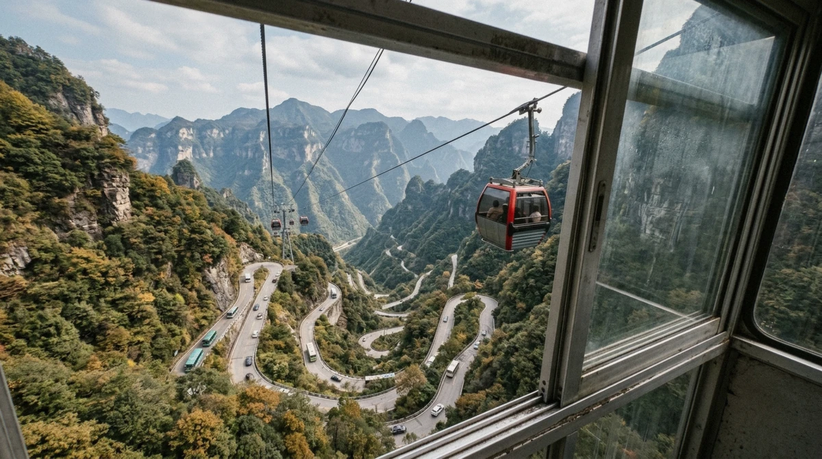 Cable car cabin above the 99-bend road on Tianmen Mountain, the separate ticket most Zhangjiajie National Forest Park tours add as a second day, Hunan China