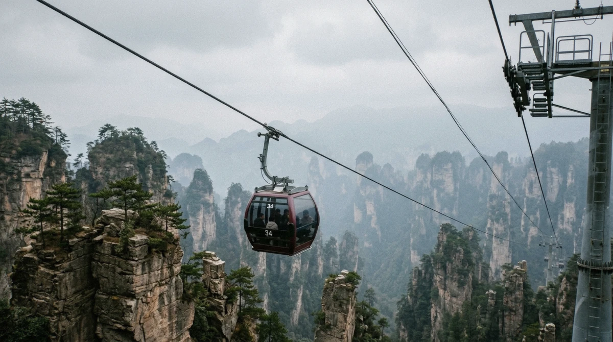 Cable car descending over sandstone pillars from Tianzi Mountain, one of the paid lifts not covered by Zhangjiajie National Forest Park tickets, Hunan China