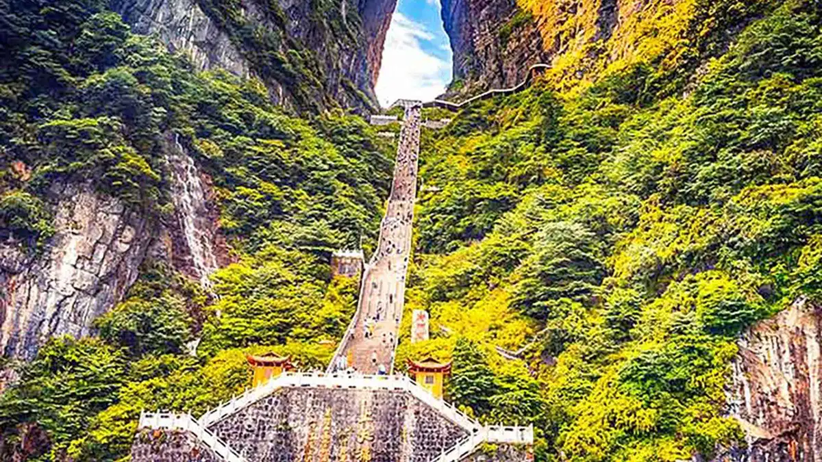 Cable car climbing toward Tianmen Cave on a Tianmen Mountain Zhangjiajie China tour, Hunan