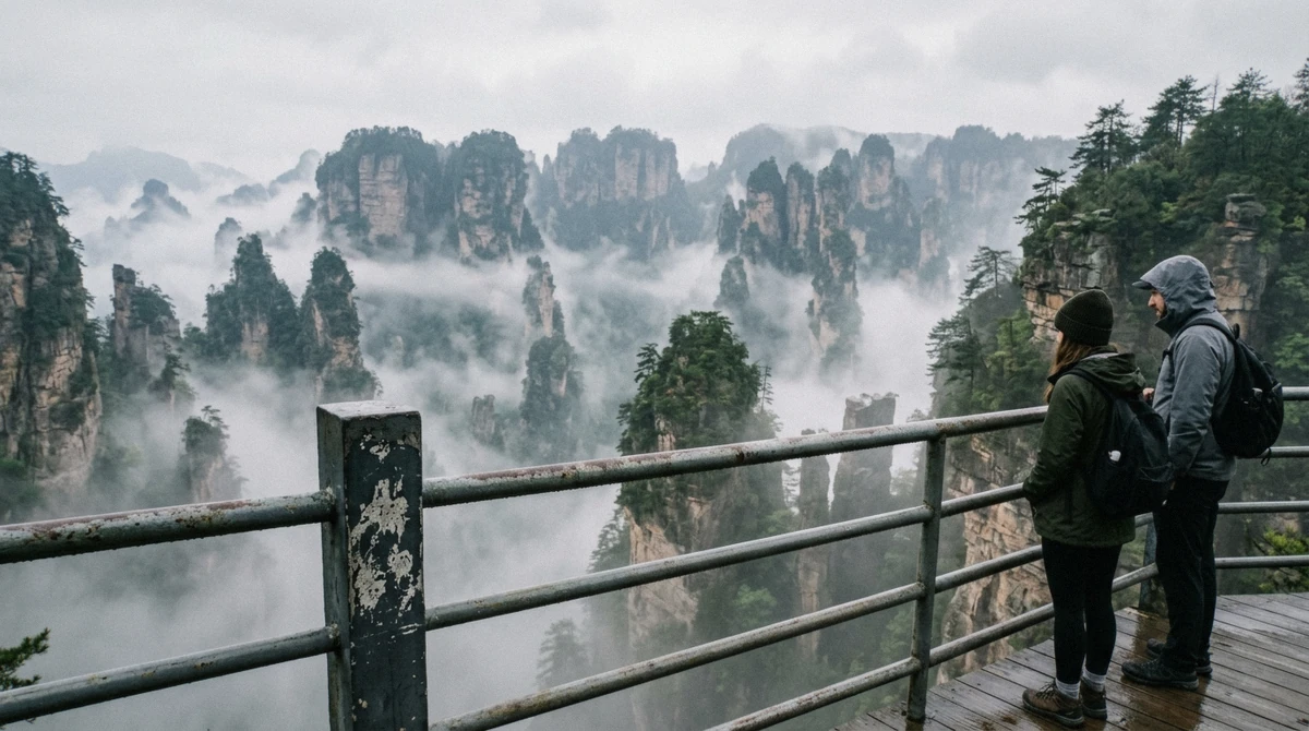 Quartz-sandstone pillars rising through morning mist at the Yuanjiajie viewing platform, the core stop on Zhangjiajie National Forest Park tours in Hunan, China
