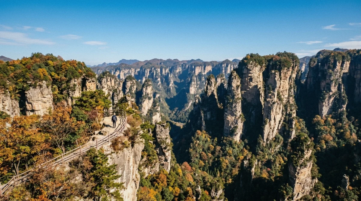 Clear autumn light over the sandstone pillar forest in Zhangjiajie, the season most guides call the best time to visit Zhangjiajie