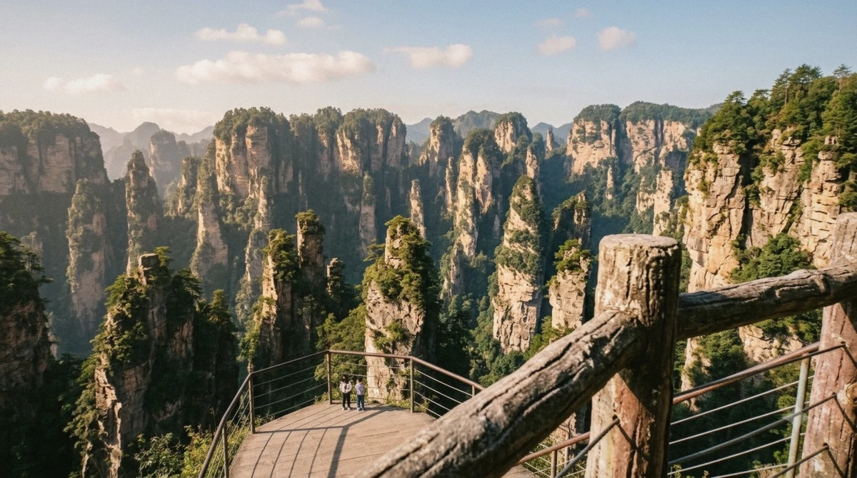 Mist rising between sandstone pillars at Mihun Terrace at sunrise, the view that answers whether Zhangjiajie is worth visiting