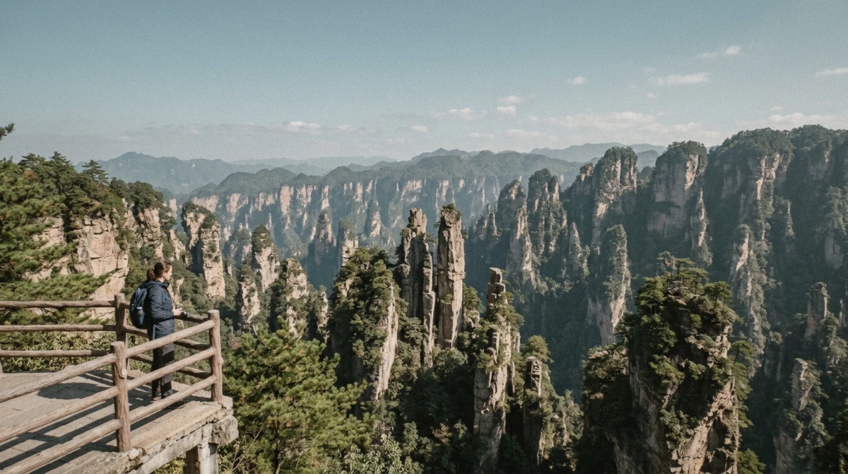View toward the sandstone pillars from a hotel terrace, illustrating where to stay in Zhangjiajie for an early park morning